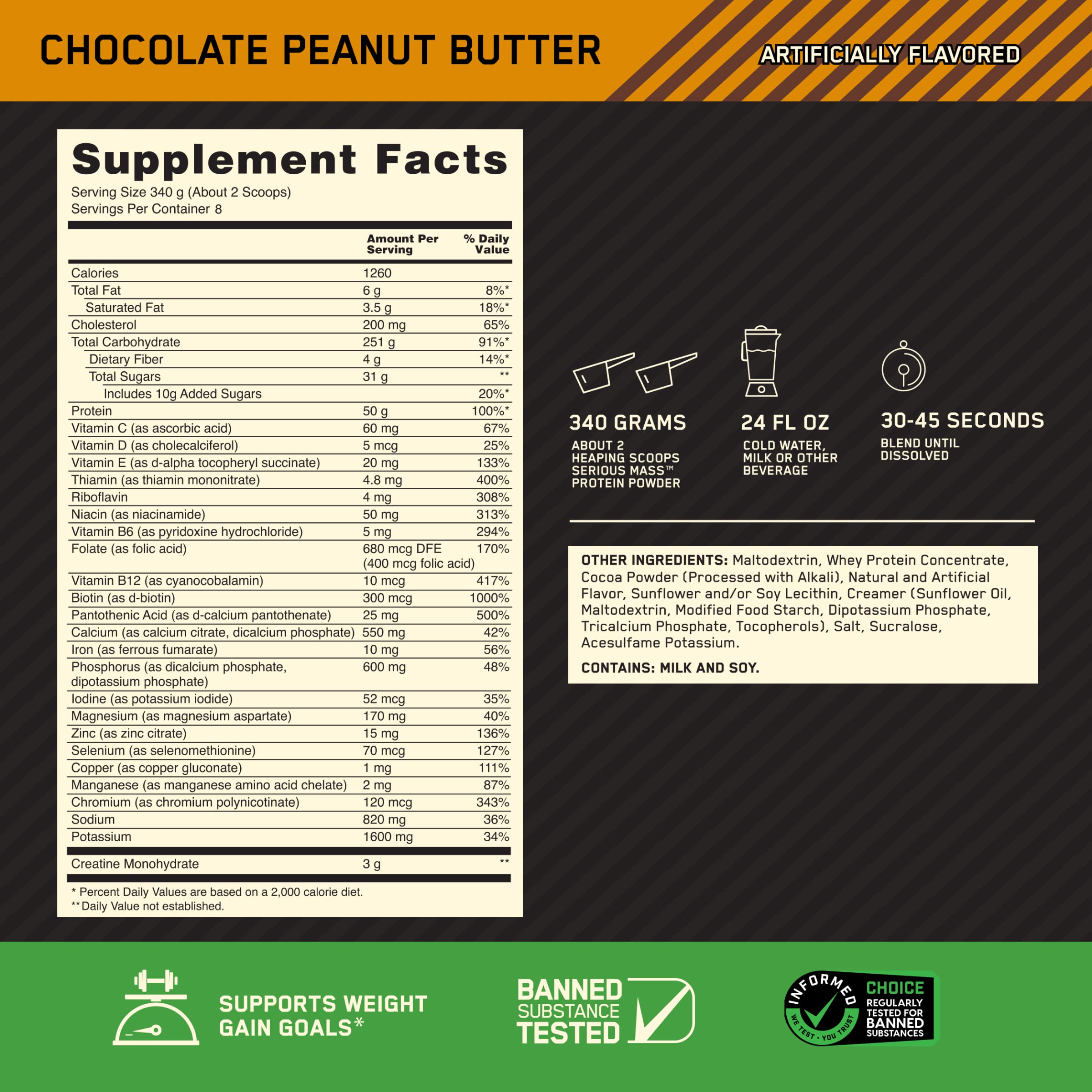 Optimum Nutrition Serious Mass batido cremoso en vaso para recuperación post entreno