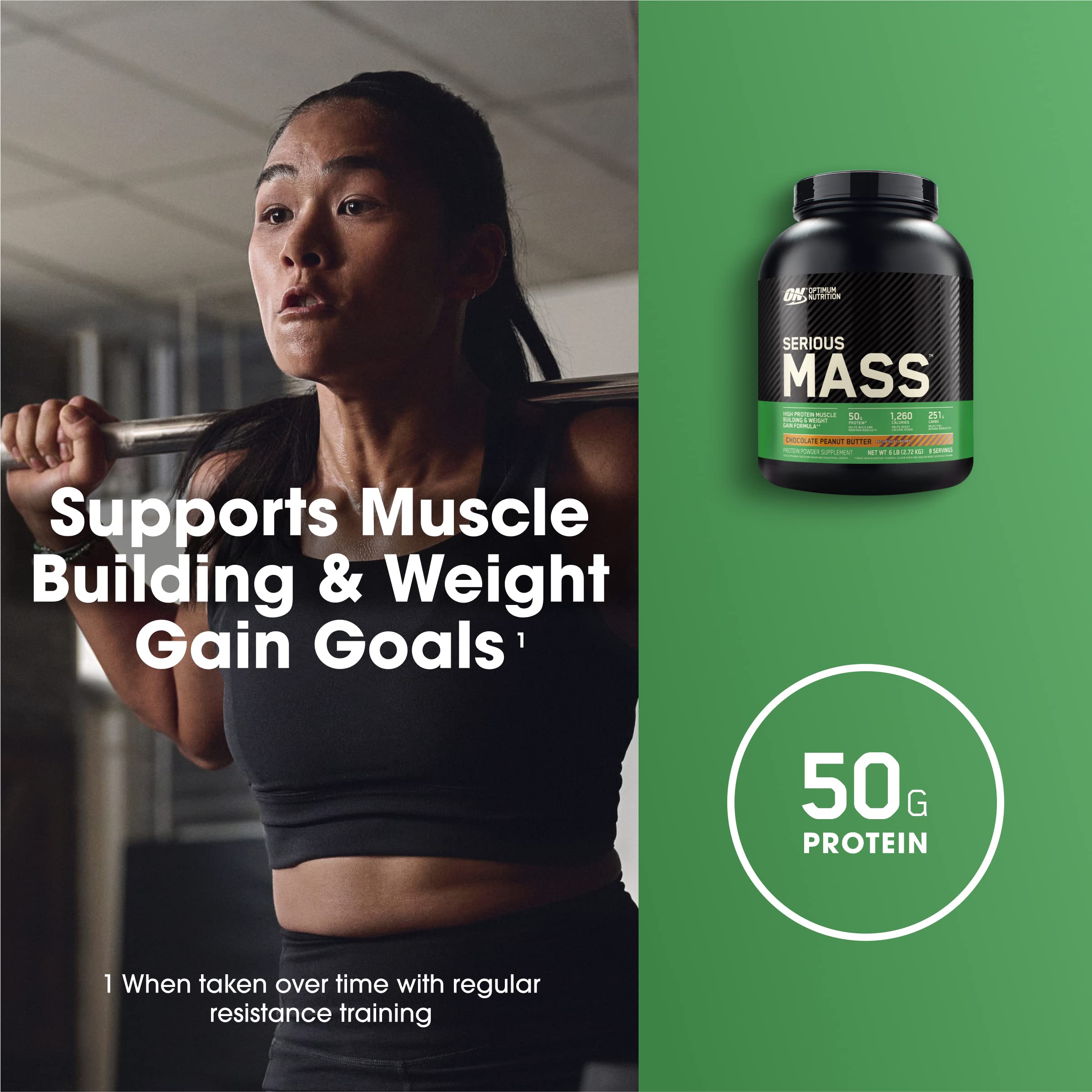 Optimum Nutrition Serious Mass contiene creatina y glutamina para apoyo de rendimiento