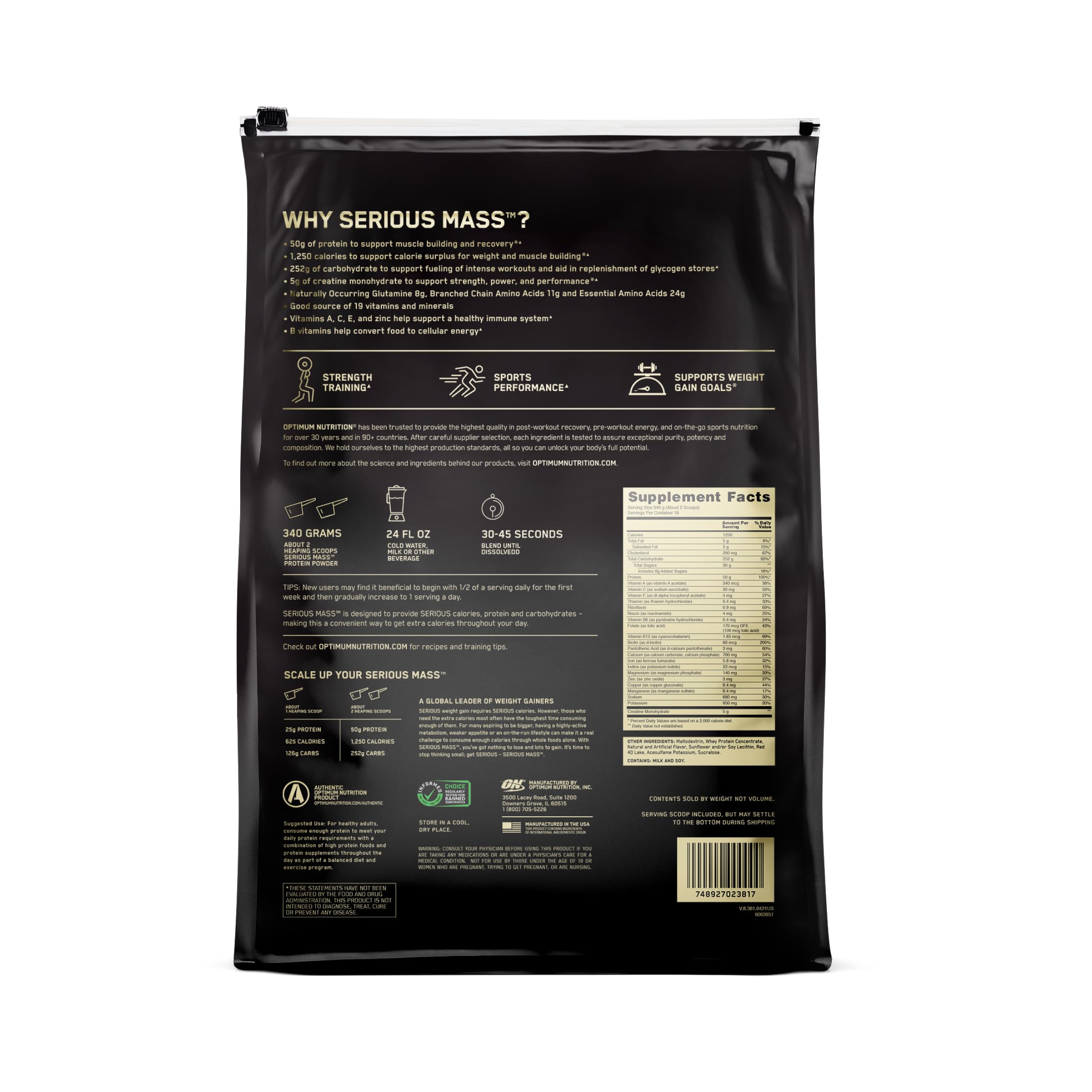 Optimum Nutrition Serious Mass, cuchara medidora, facilita medir porciones de proteína y carbohidratos