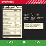 Optimum Nutrition Serious Mass, envase frontal, informa tamaño de porción y sabor fresa