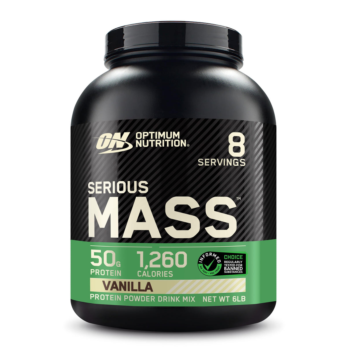 Envase de Optimum Nutrition Serious Mass en vainilla para ganancia de masa muscular.
