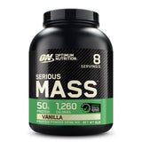 Envase de Optimum Nutrition Serious Mass en vainilla para ganancia de masa muscular.