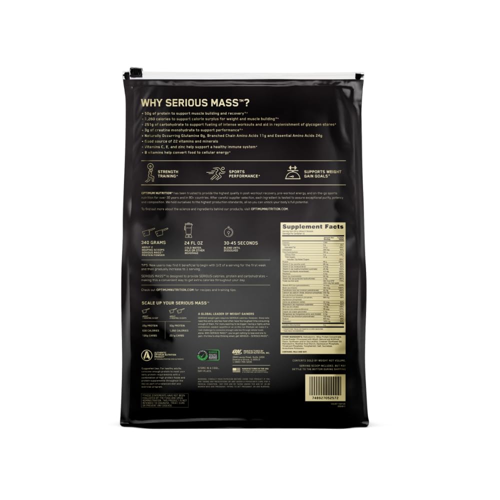 Optimum Nutrition Serious Mass ingredients list focus on protein and carbohydrates