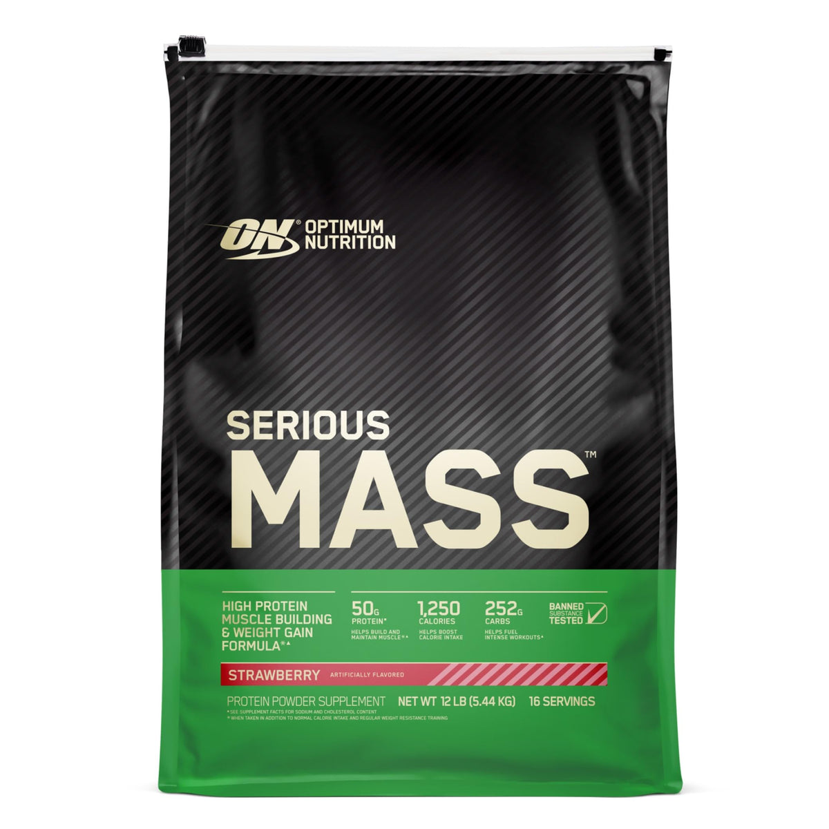 Optimum Nutrition Serious Mass sabor fresa en lata de 12 lb para ganancia de masa