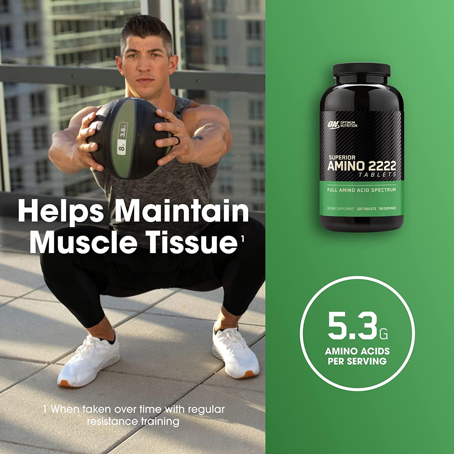 Etiqueta frontal de Optimum Nutrition Superior Amino 2222 con información de aminoácidos