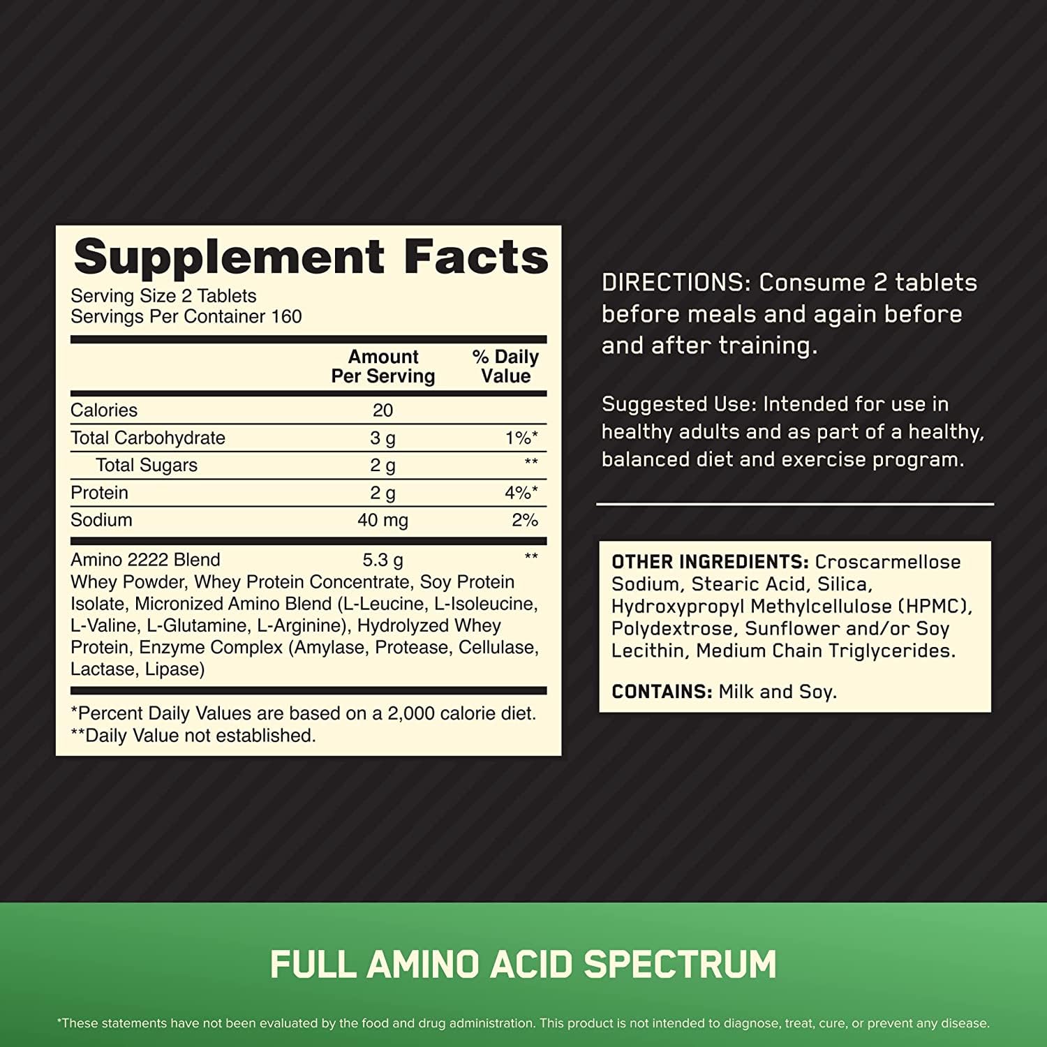 Primer plano de tabletas Optimum Nutrition Superior Amino 2222 para ingesta diaria