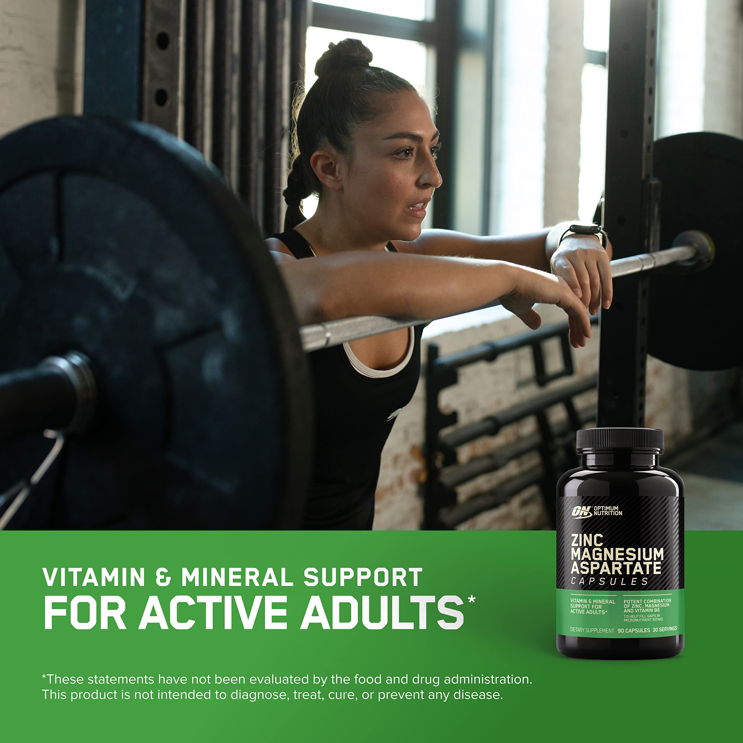 Etiqueta de nutrición de Optimum Nutrition Zinc Magnesium Aspartato resaltando micronutrientes clave.