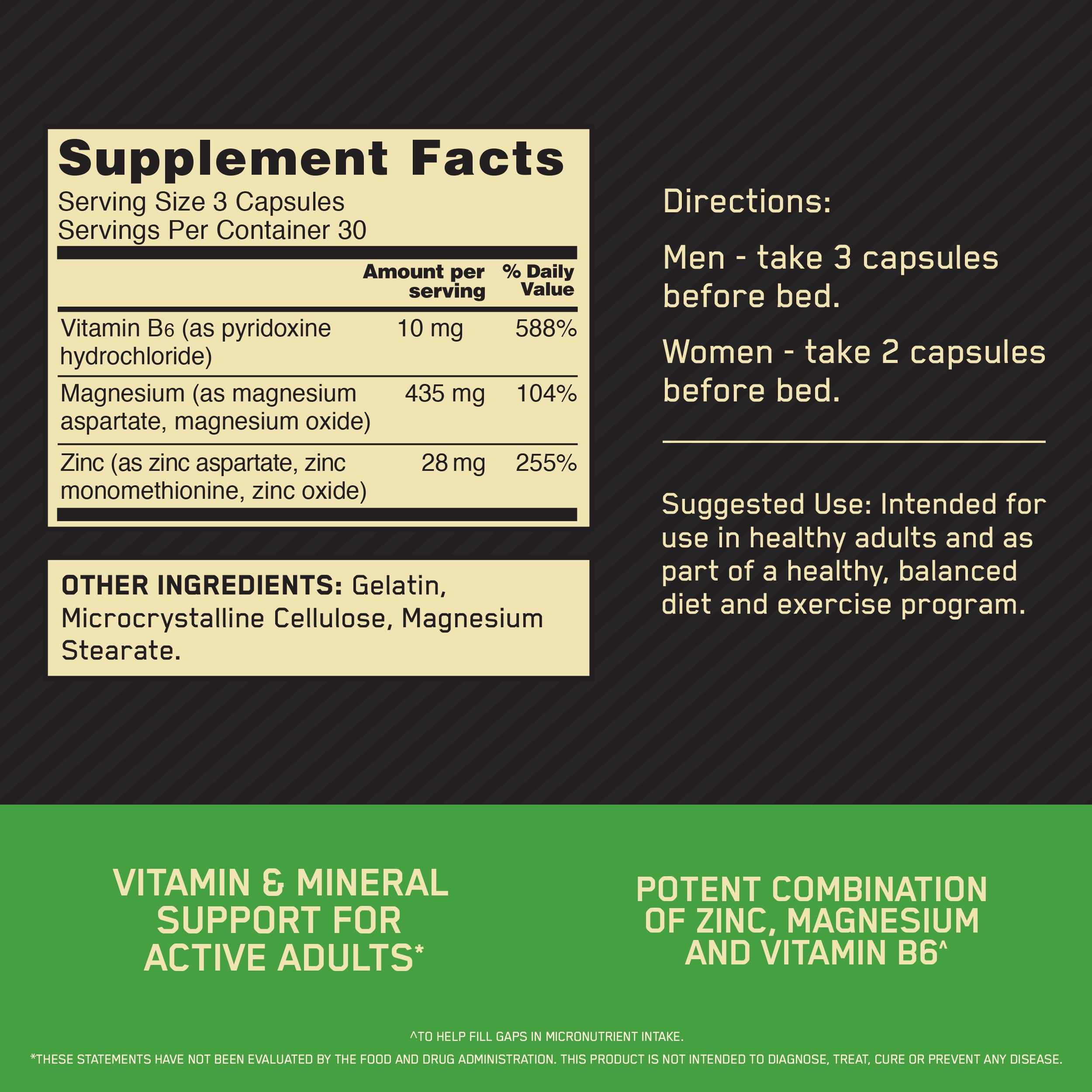 Tabletas de Optimum Nutrition Zinc Magnesium Aspartato para recuperación y energía diaria.