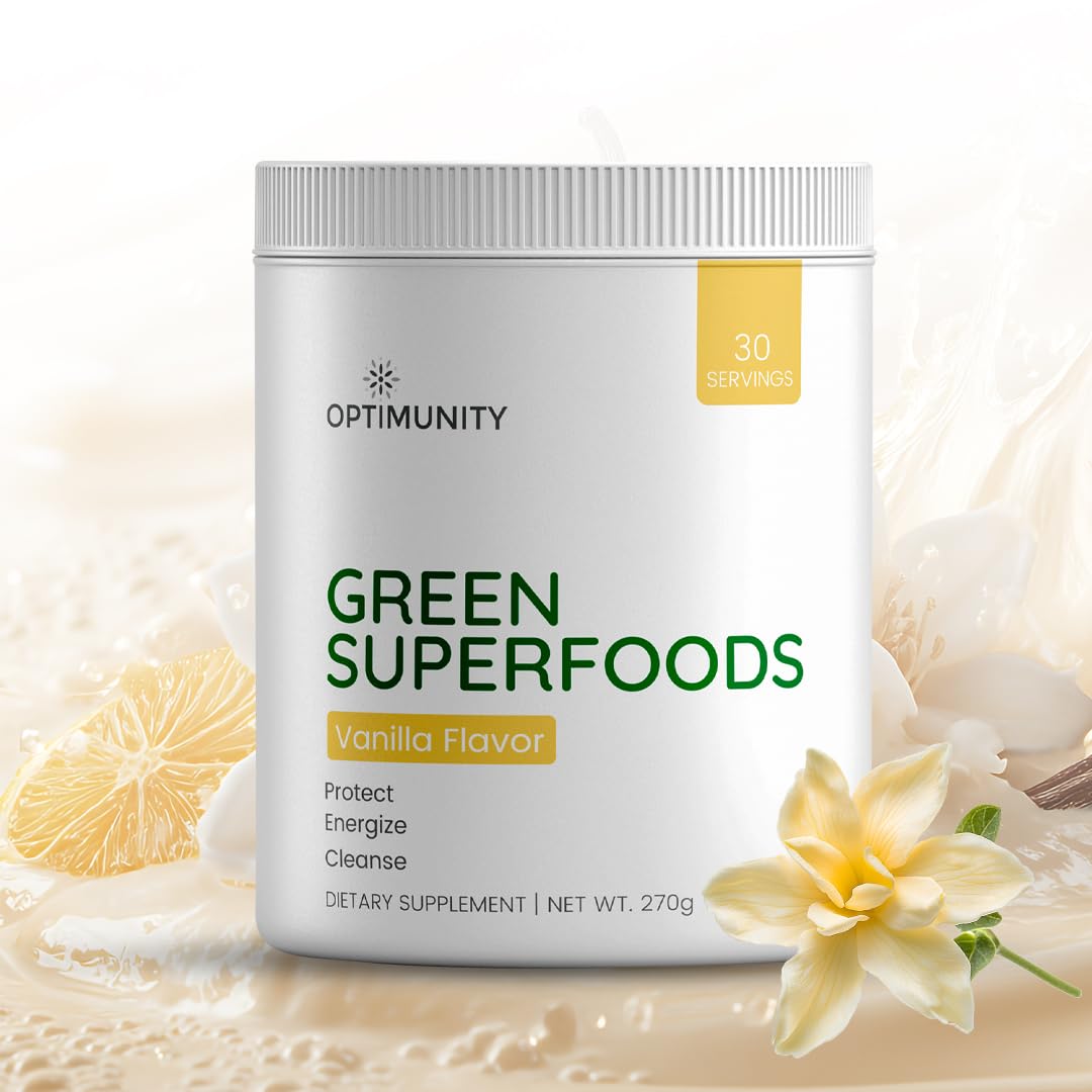 Optimunity polv verde con espirulina en envase, apoyo diario para nutrición vegetal.