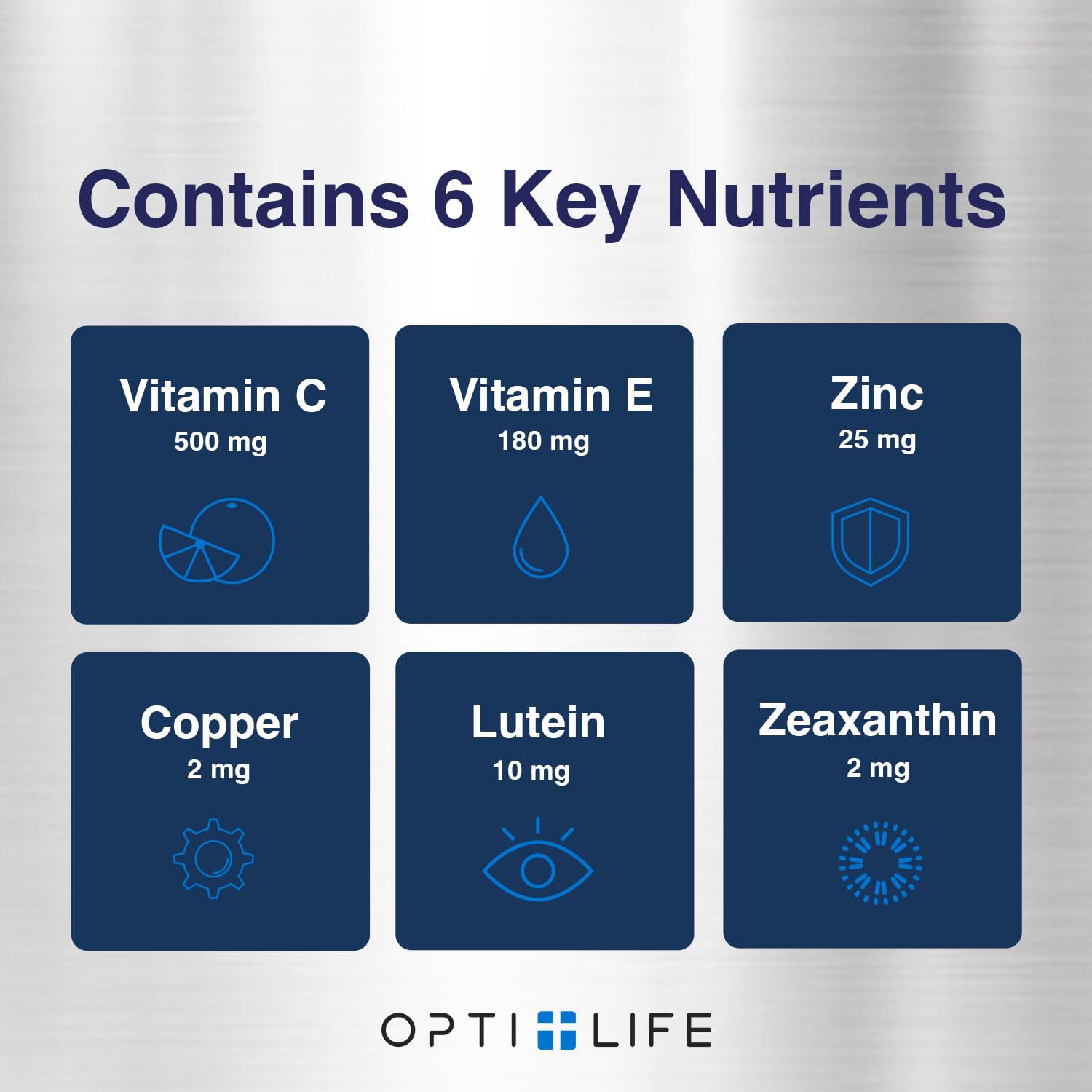 Opti + Life MD vitaminas C, E, zinc y cobre para salud ocular.