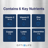 Opti + Life MD vitaminas C, E, zinc y cobre para salud ocular.