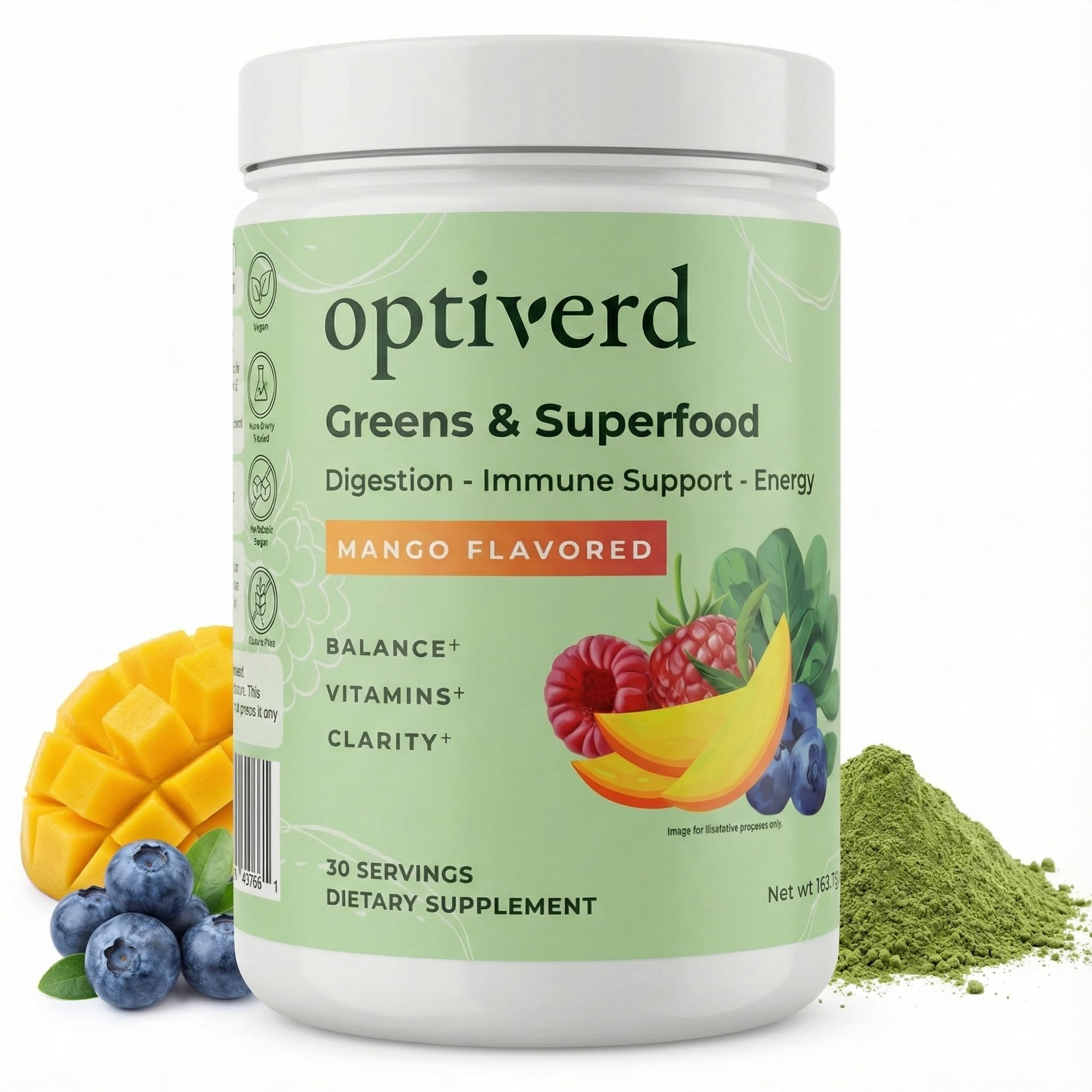 Optiverd Greens polvos mango, sabor tropical para empezar el día