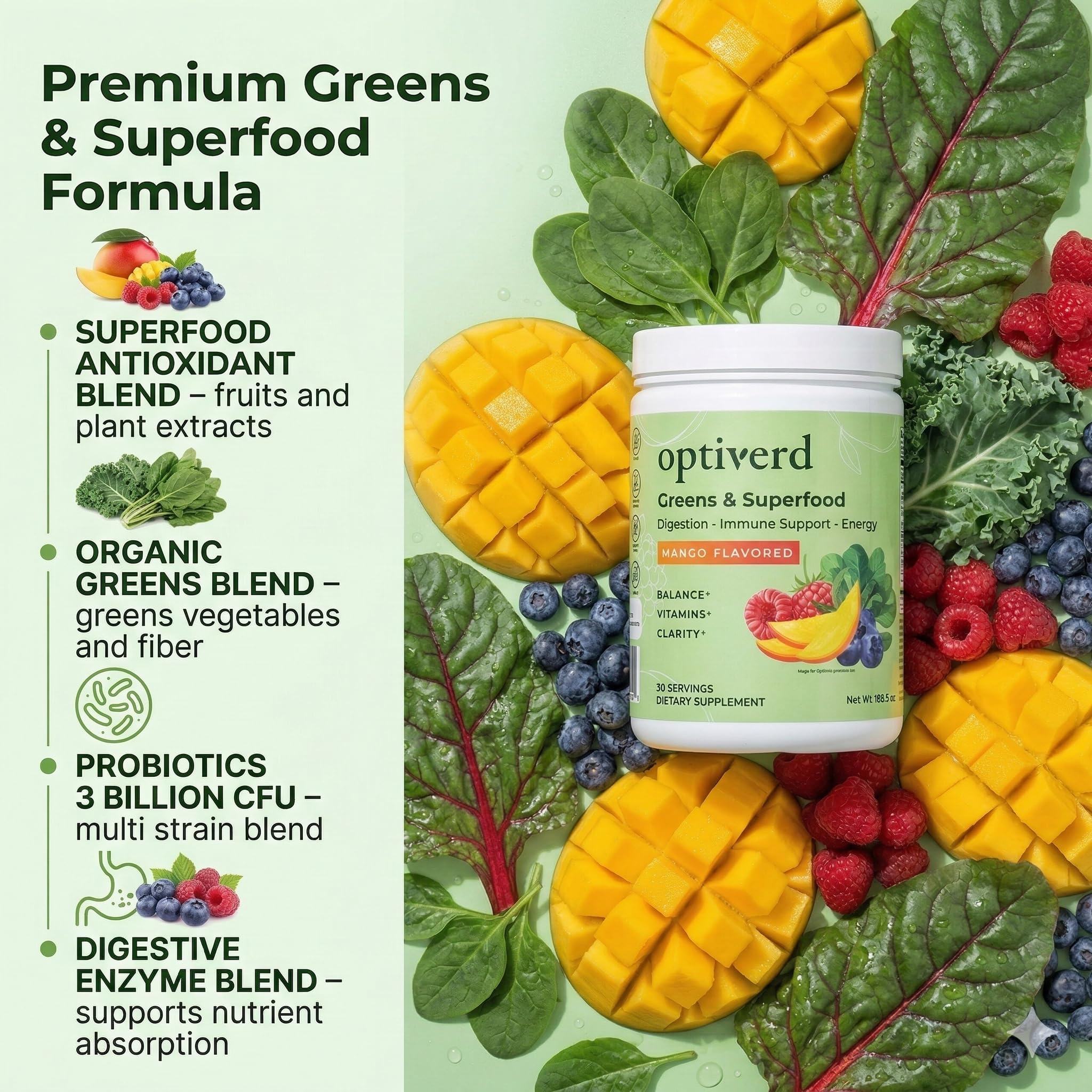 Optiverd Greens vaso batido mango, energía suave para la mañana