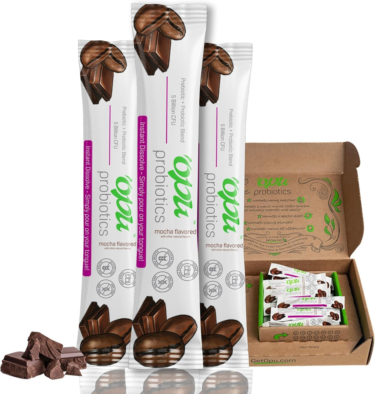 Opu Probiotics Mocha: disolución instantánea en la boca con sabor mocha suave