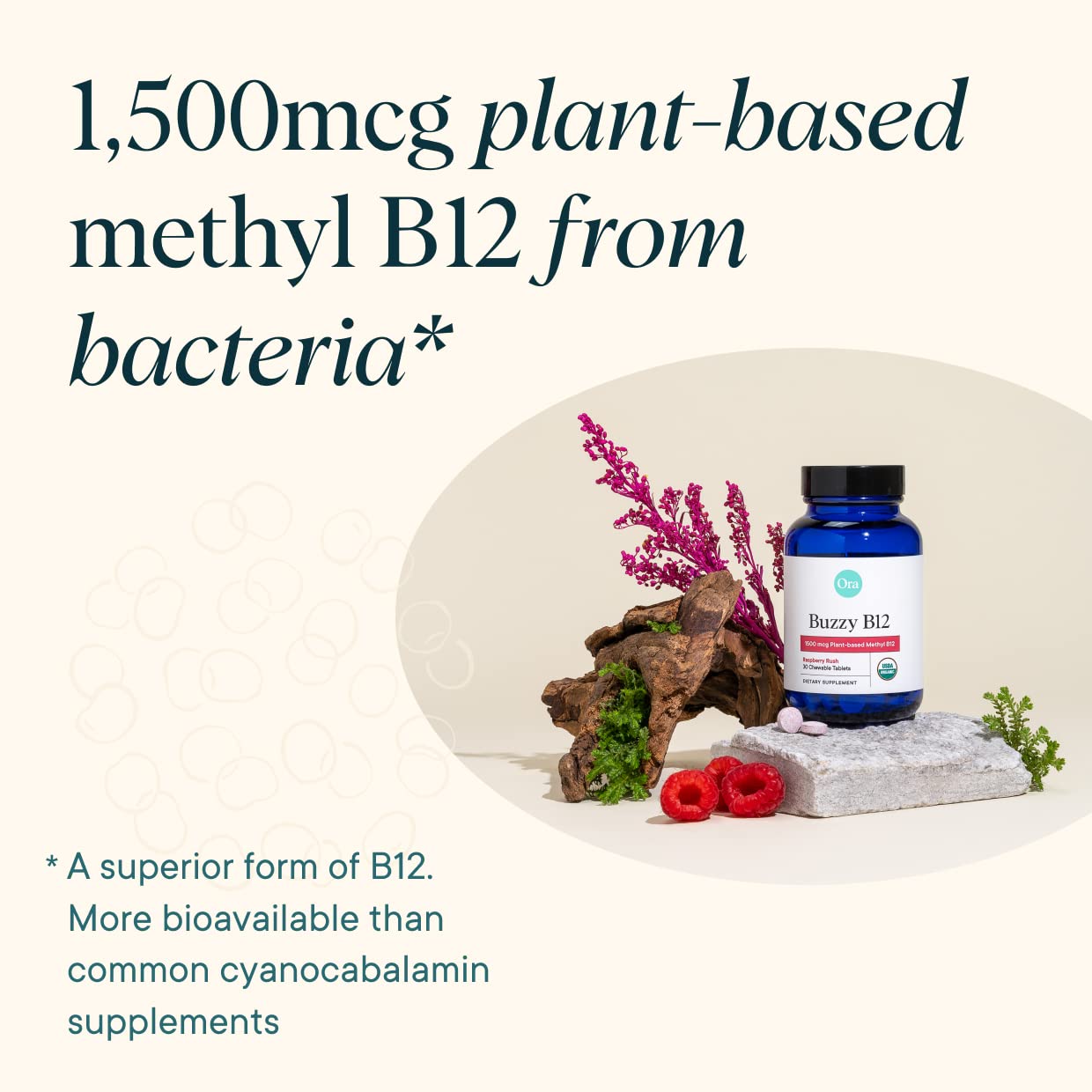 Etiqueta nutricional de Ora Organic B12 1500mcg