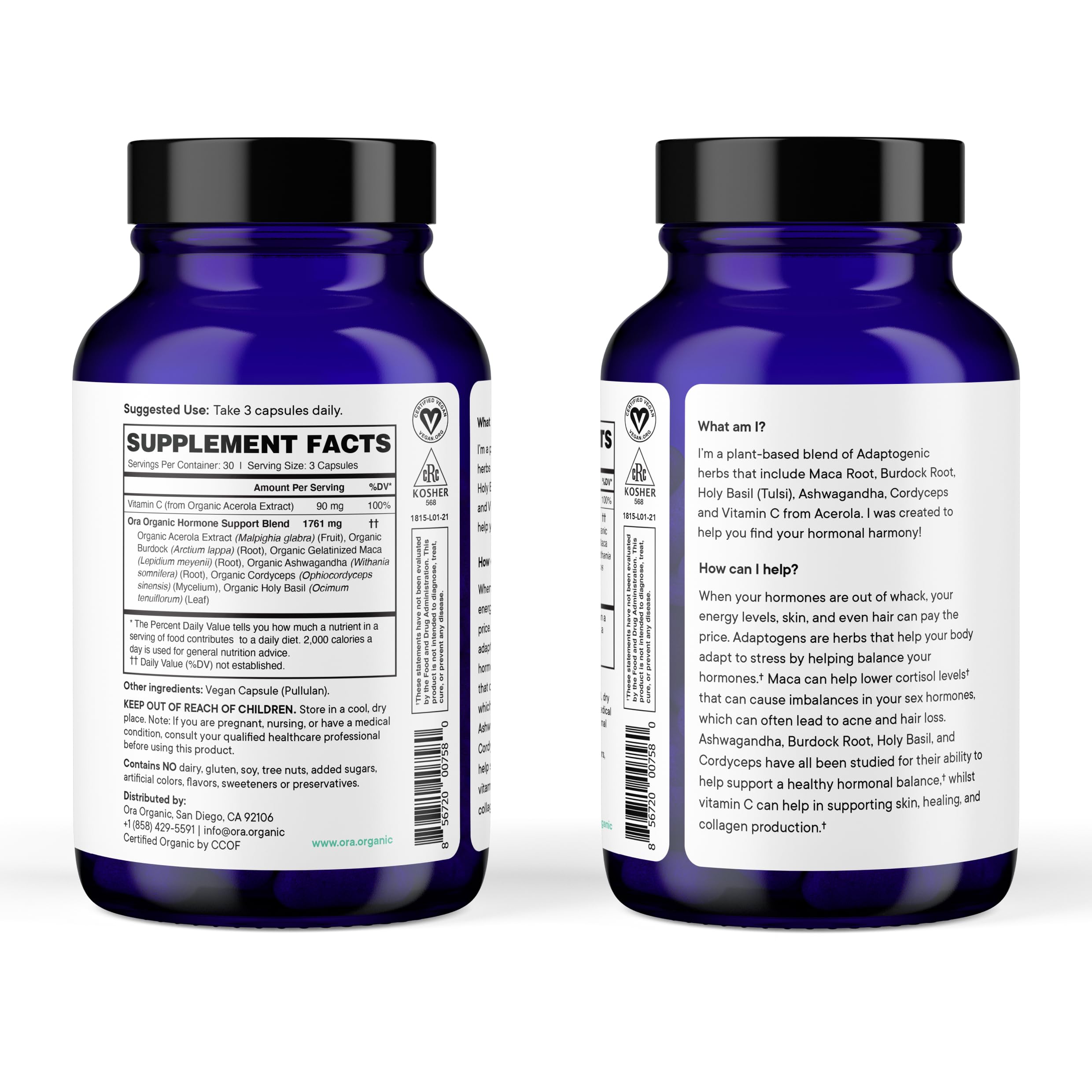 Ora Organic Balance cápsulas en frasco, apoyo para PMS y menopausia.