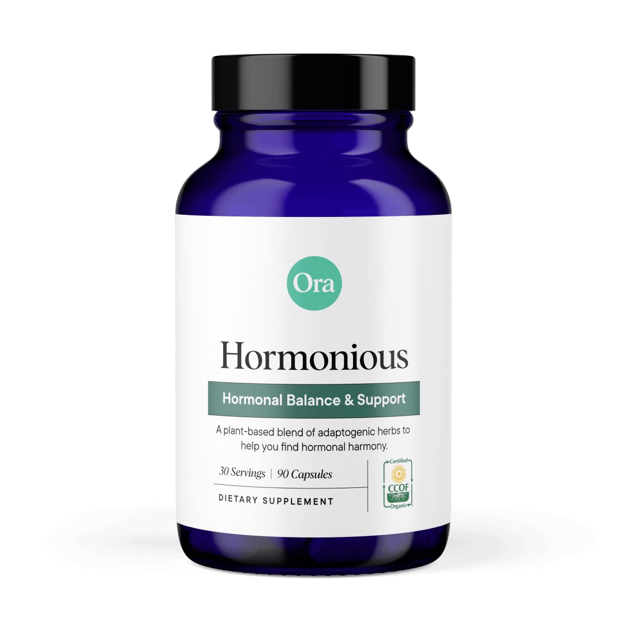 Ora Organic Balance frasco de cápsulas, apoyo hormonal suave para el bienestar diario.