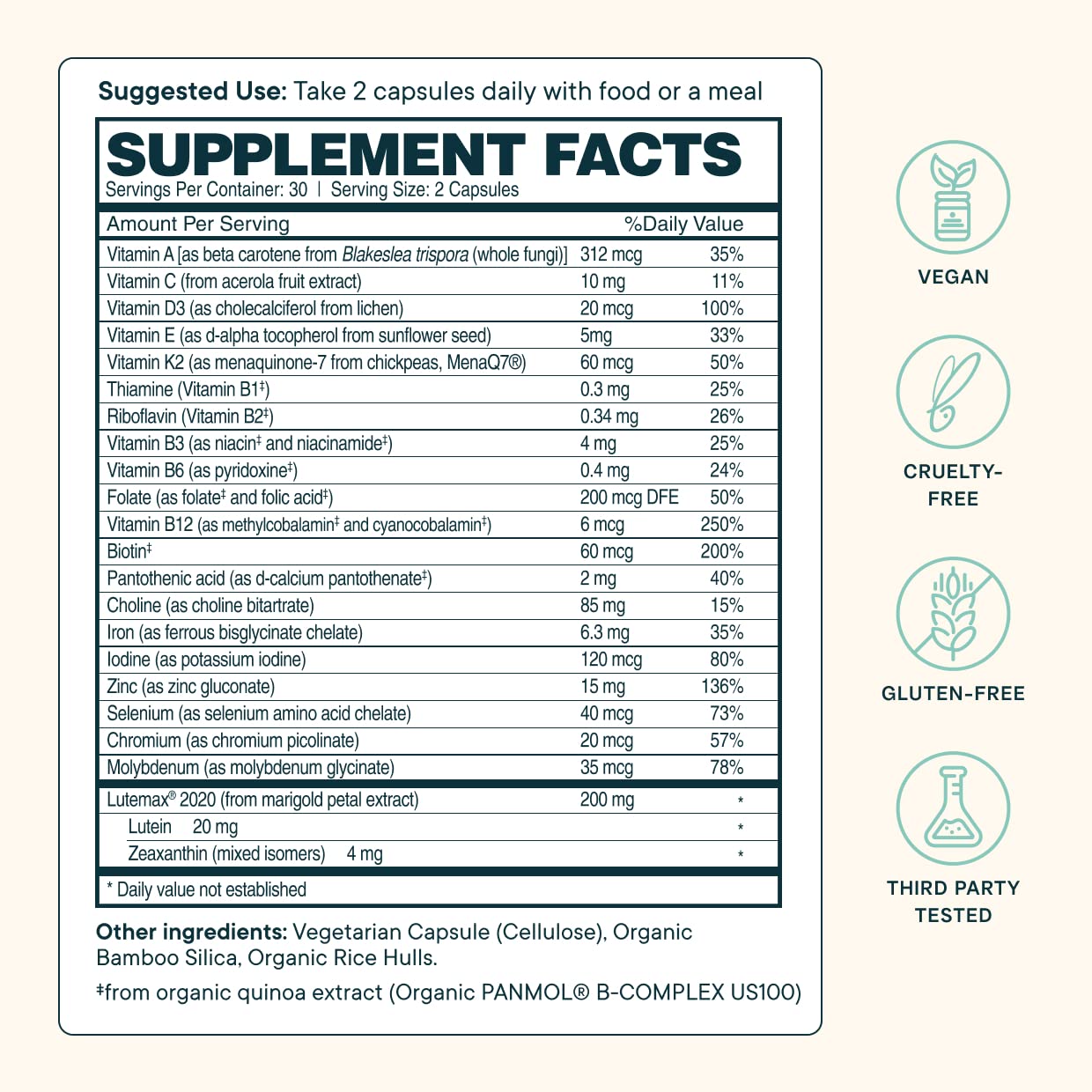 Ora Organic Multivitamina: etiqueta detallada con certificaciones veganas