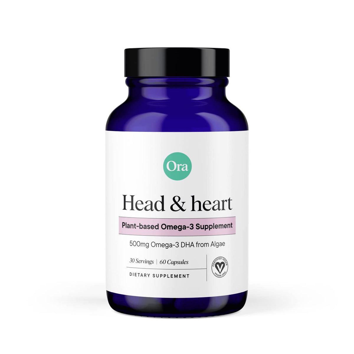 Ora Organic Omega-3 en botella muestra cápsulas de origen vegetal para cerebro y visión.