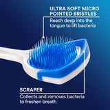 Orabrush brillos micro lengua closeup, muestra puntas delicadas para higiene constante.