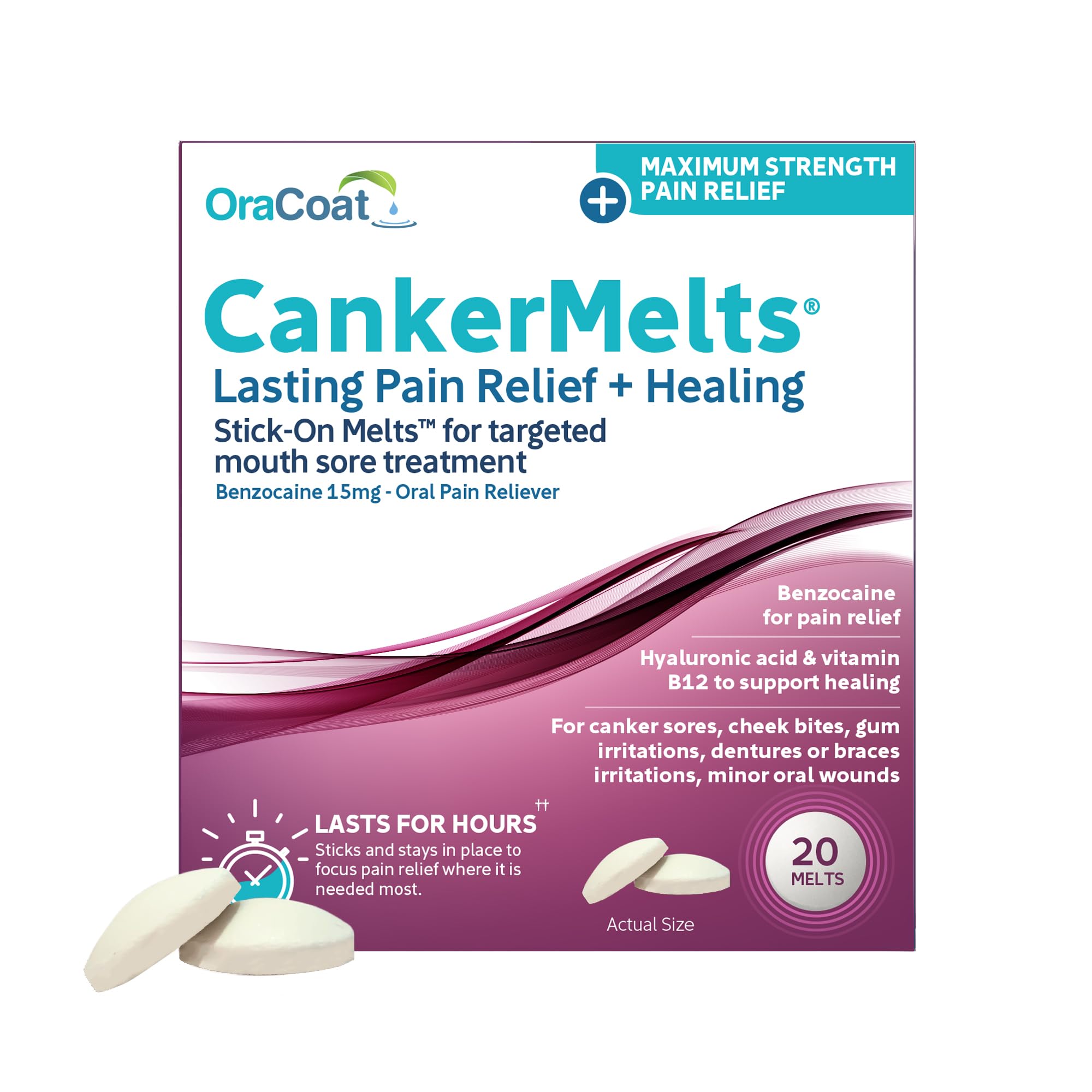 Oracoat CankerMelts ofrece alivio localizado del dolor de úlcera bucal.