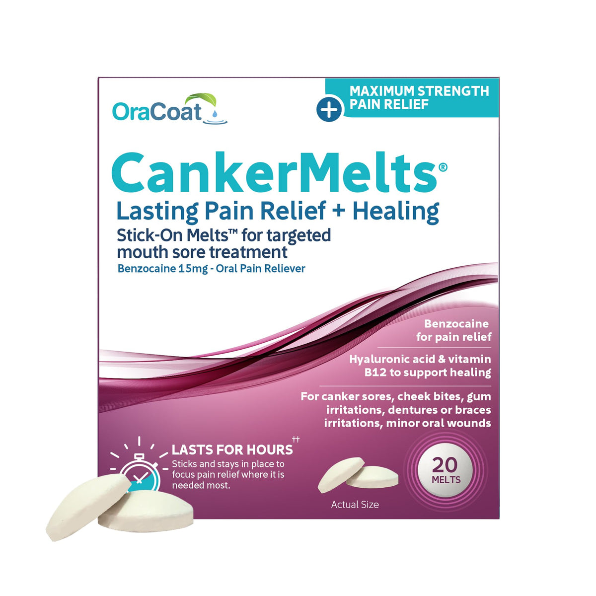 Oracoat CankerMelts ofrece alivio localizado del dolor de úlcera bucal.