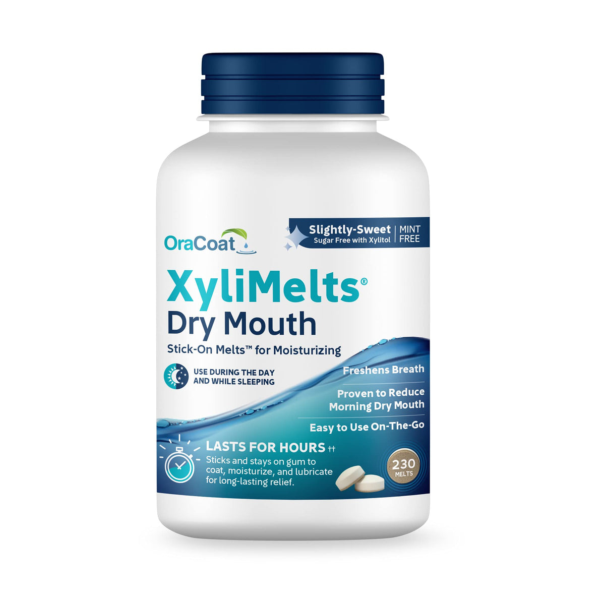 Oracoat XyliMelts: discos adherentes para alivio de boca seca durante el día.