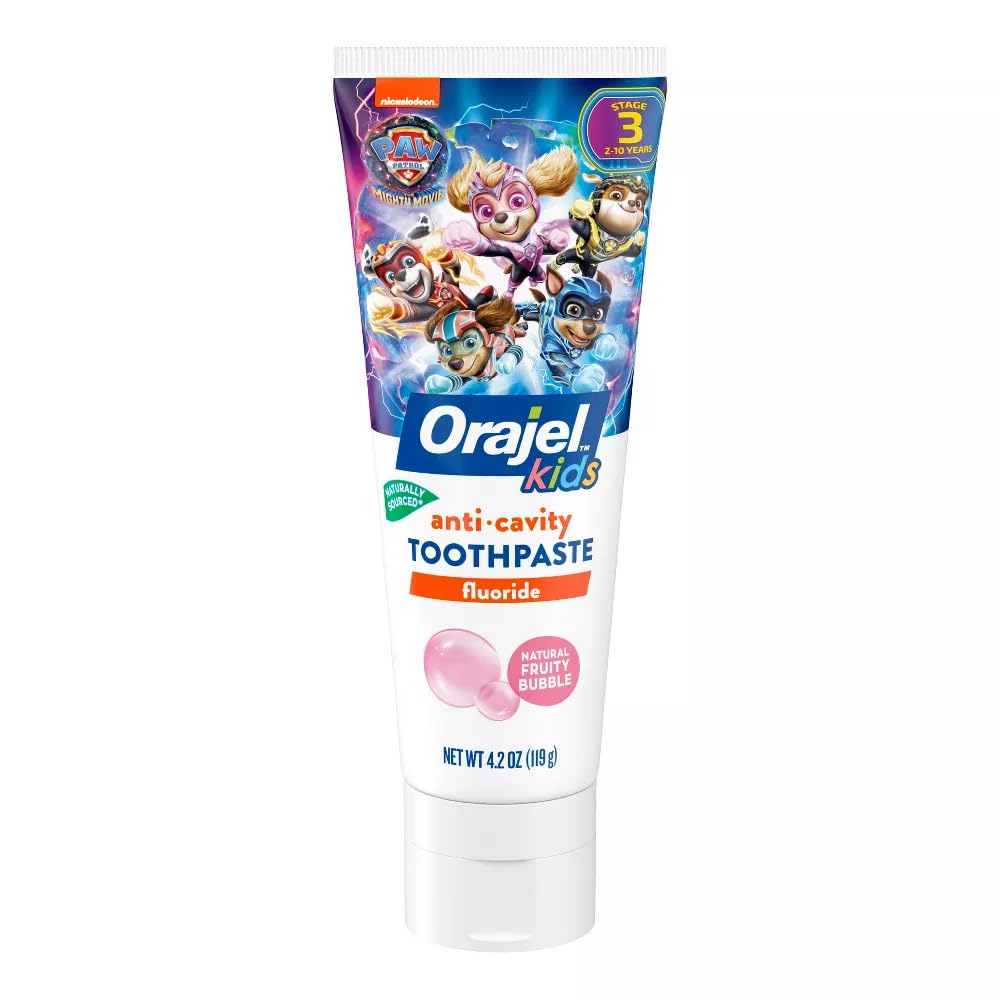 Pasta dental Orajel Kids Paw Patrol frente al envase, sabor afrutado natural.