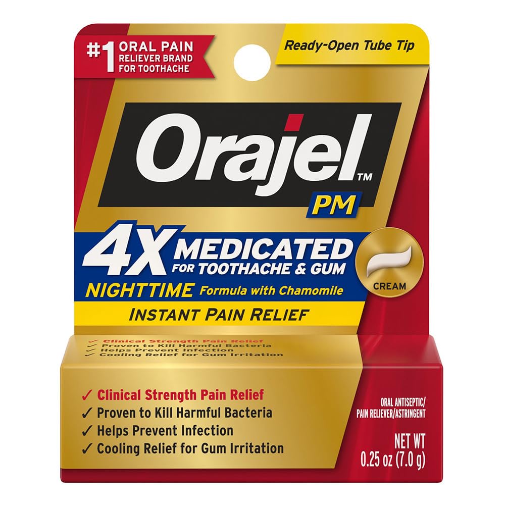 Orajel crema nocturna para dolor dental, alivio potencial al dormir.