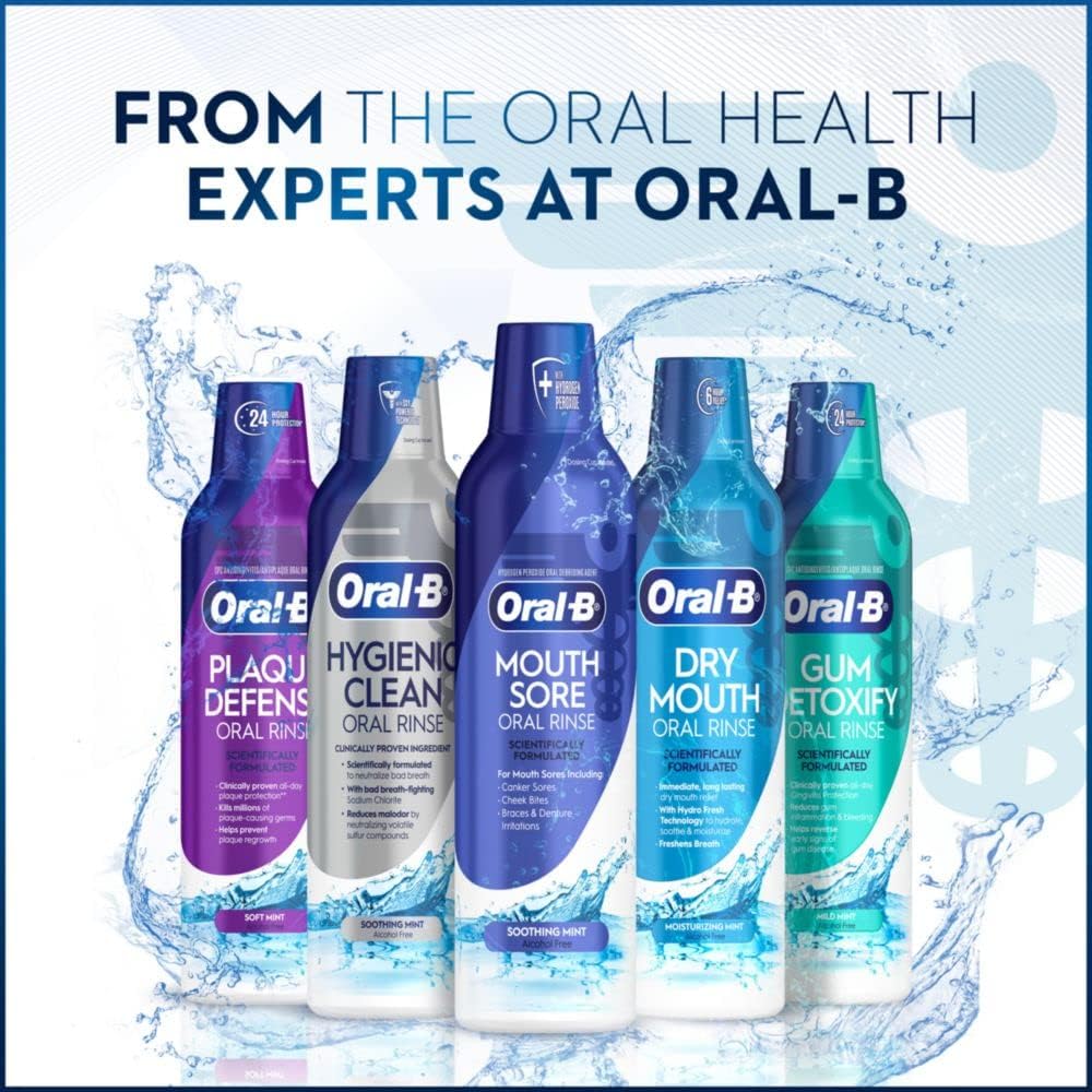 Oral-B sin alcohol, botella visible, seguridad para mucosas.