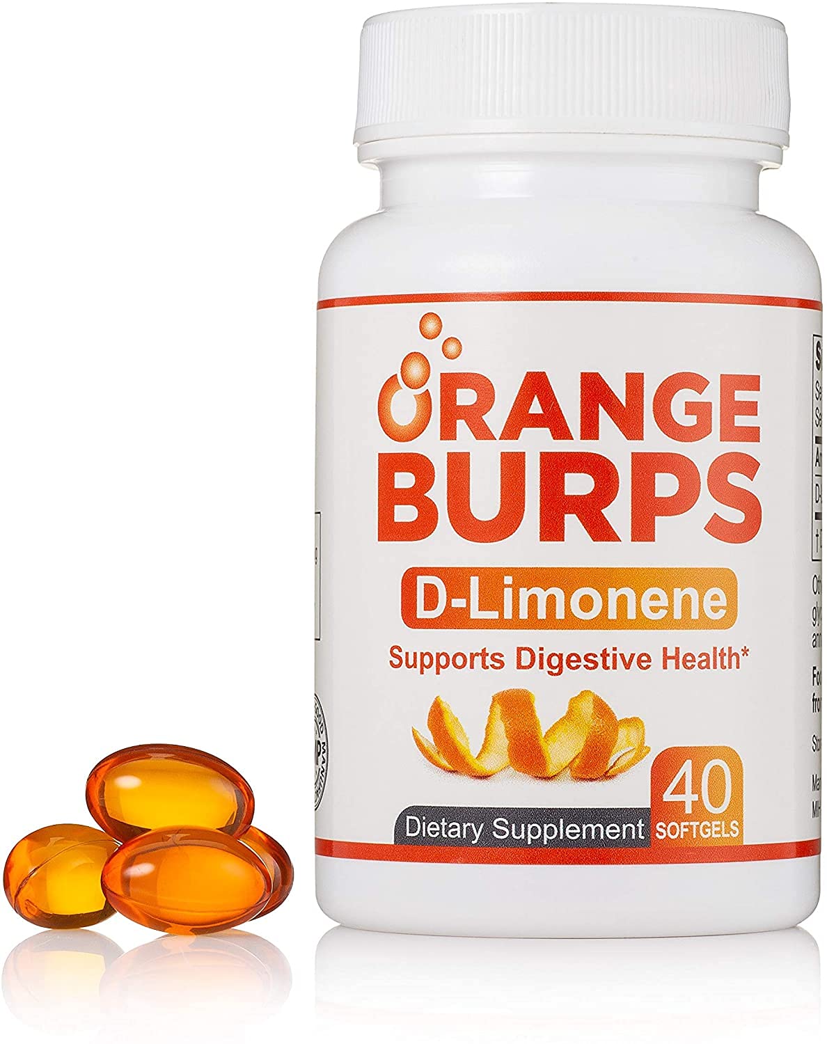 Orange Burps cápsulas suaves de D-limoneno para alivio potencial del malestar estomacal.