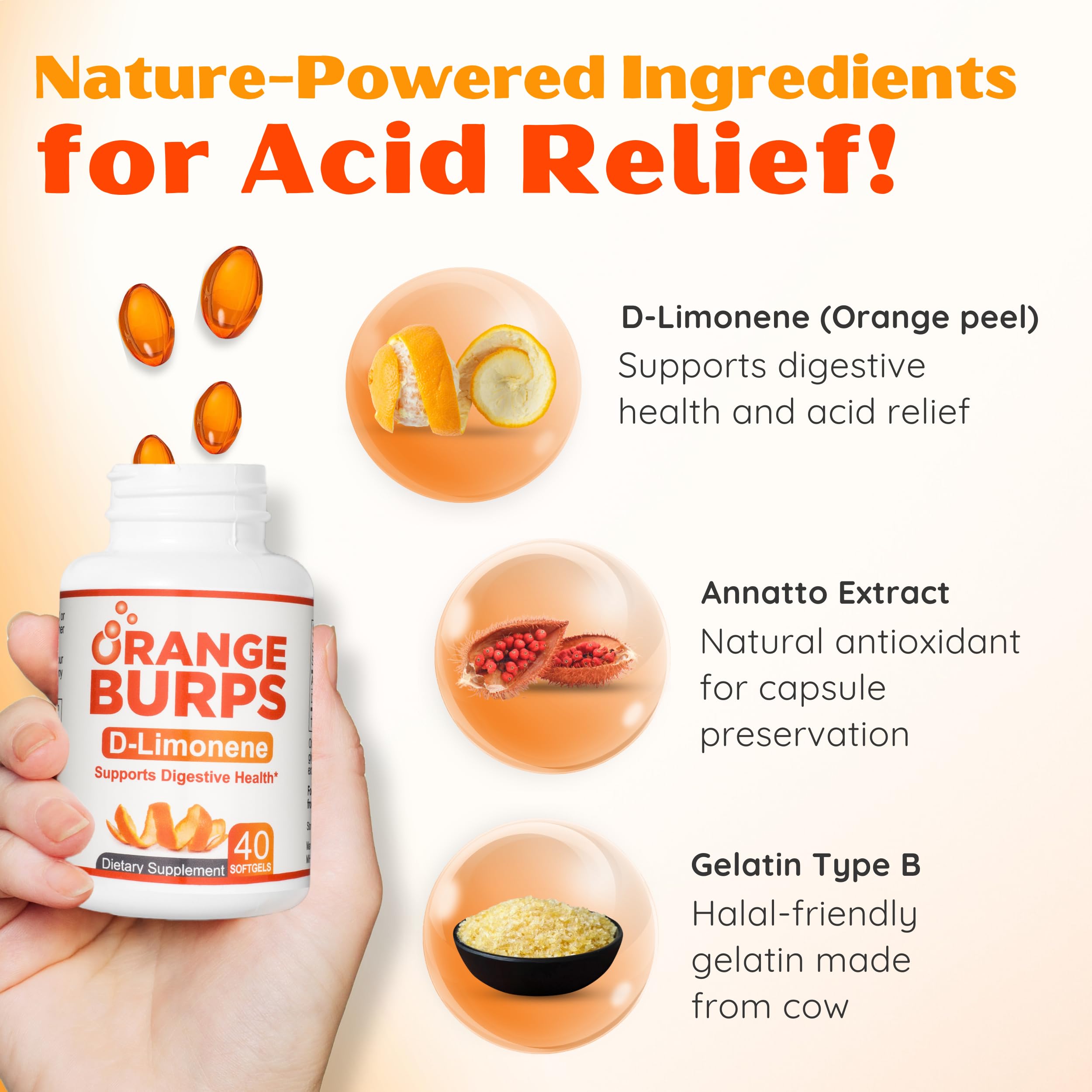 Orange Burps: etiqueta frontal que resalta el ingrediente activo D-limoneno.