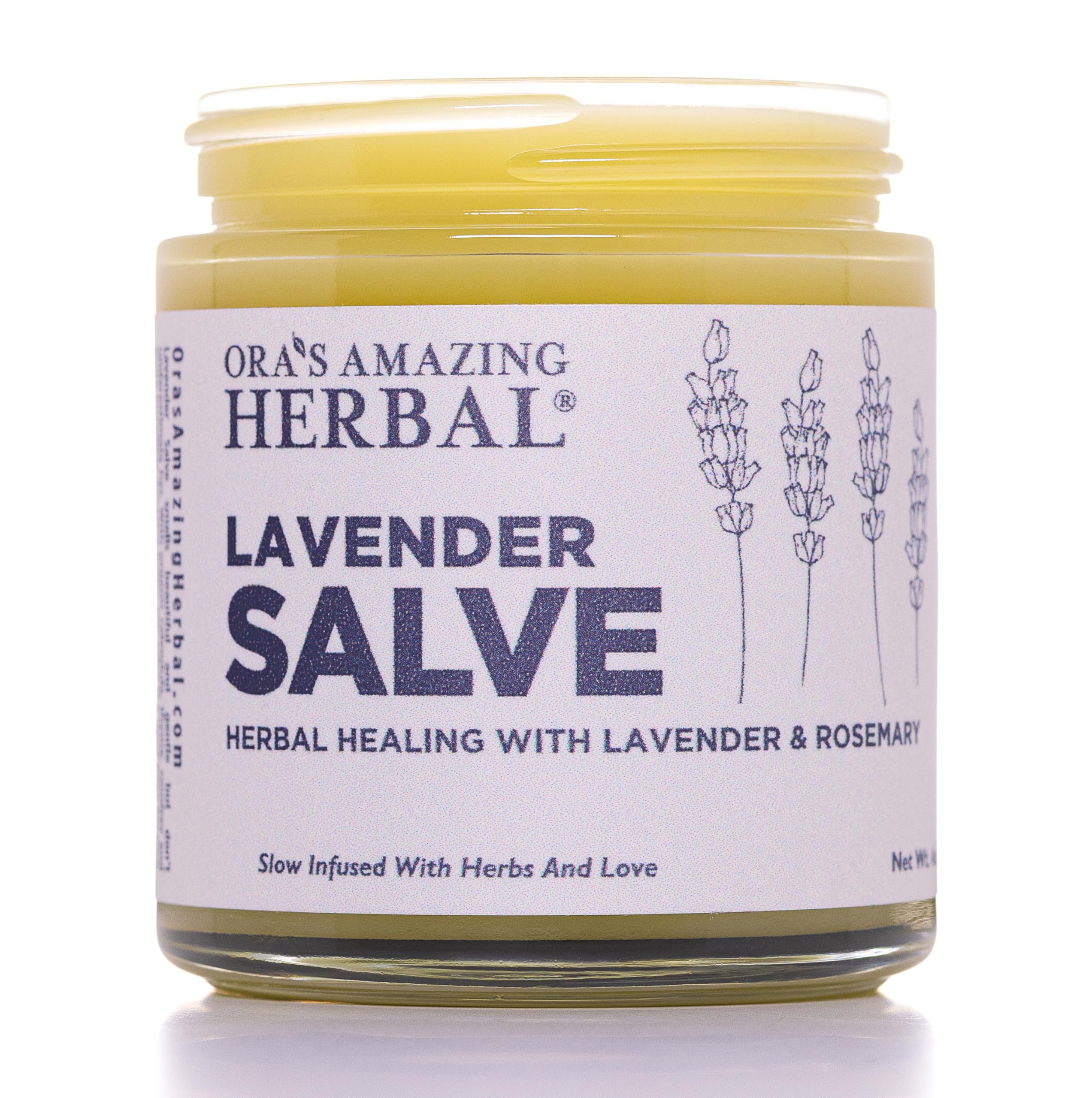 Lavanda Ora's Amazing Herbal Salve en bote de vidrio, hidratación profunda para piel seca.