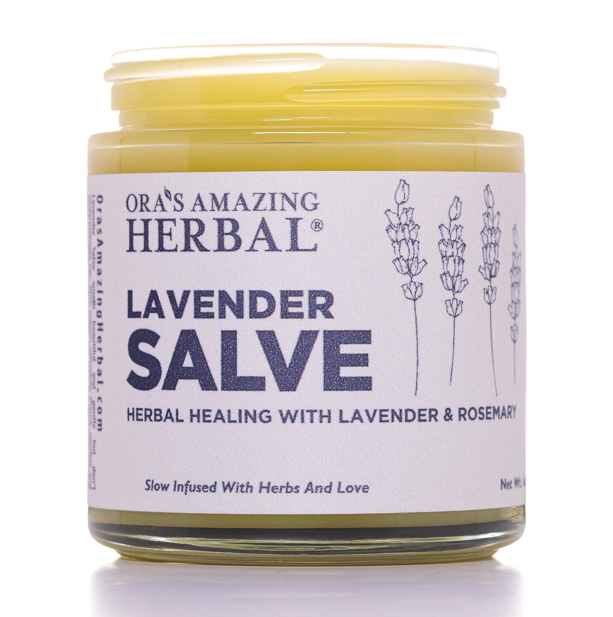 Lavanda Ora's Amazing Herbal Salve en bote de vidrio, hidratación profunda para piel seca.