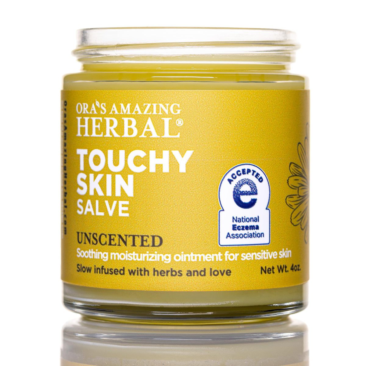 Ora's Amazing Herbal Touchy Skin Salve, botella; crema calmante para piel sensible.