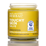 Ora's Amazing Herbal Touchy Skin Salve, botella; crema calmante para piel sensible.
