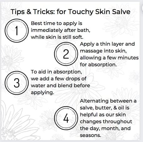 Fabricación en EE. UU. de Touchy Skin Salve; cuidado herbal de calidad.