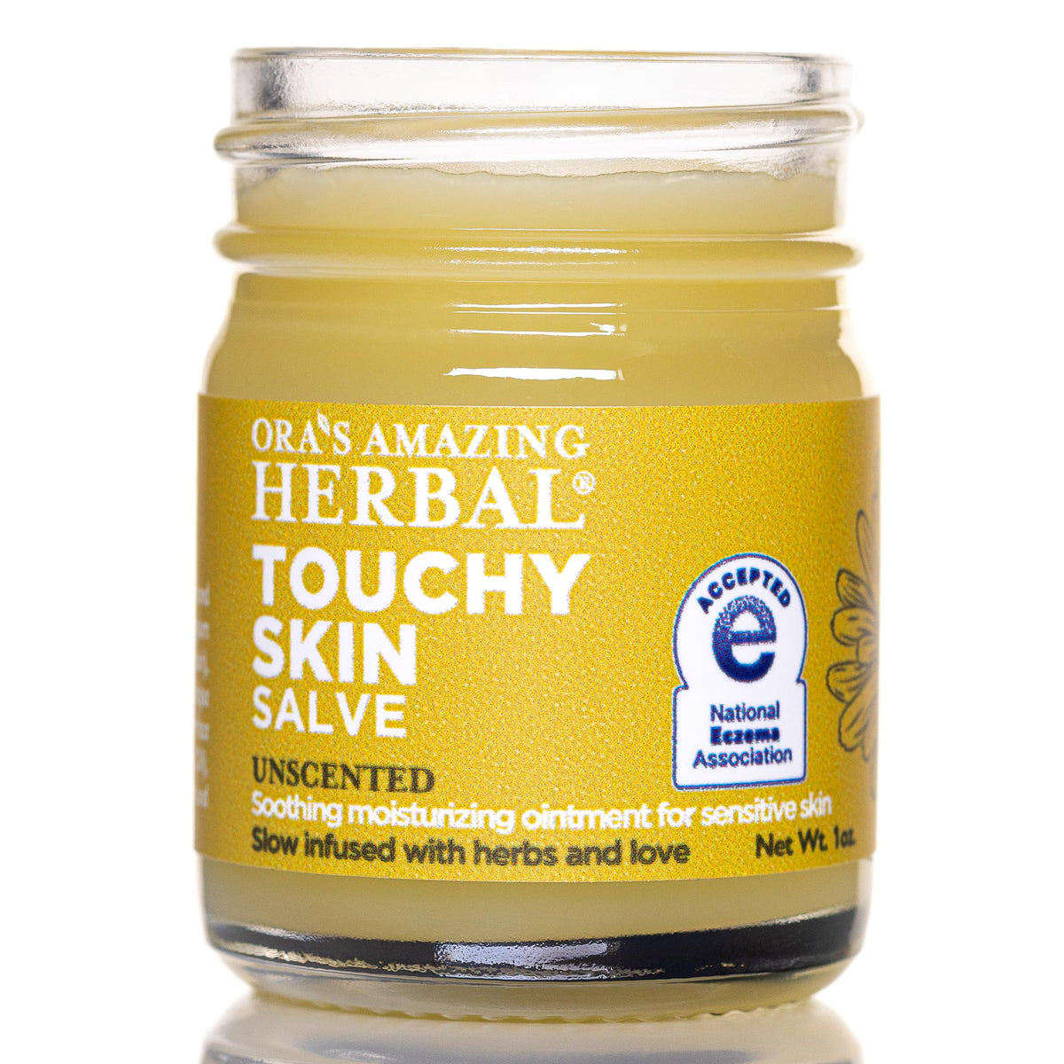 Touchy Skin Salve de Ora's Amazing Herbal en frasco de 1 onza, ideal para piel sensible.