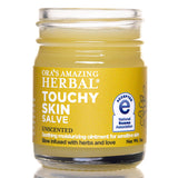 Touchy Skin Salve de Ora's Amazing Herbal en frasco de 1 onza, ideal para piel sensible.