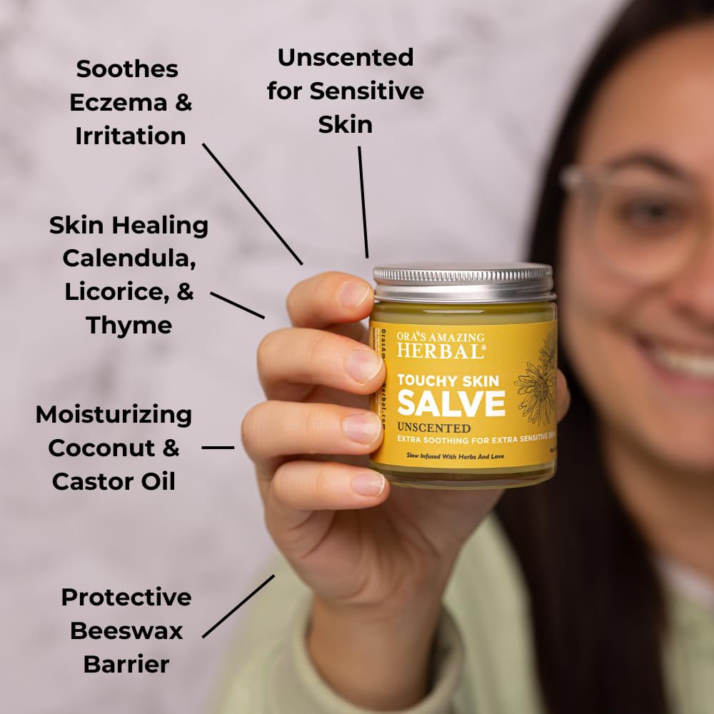 Ora's Amazing Herbal Touchy Skin Salve, tarro; uso diario para piel seca.