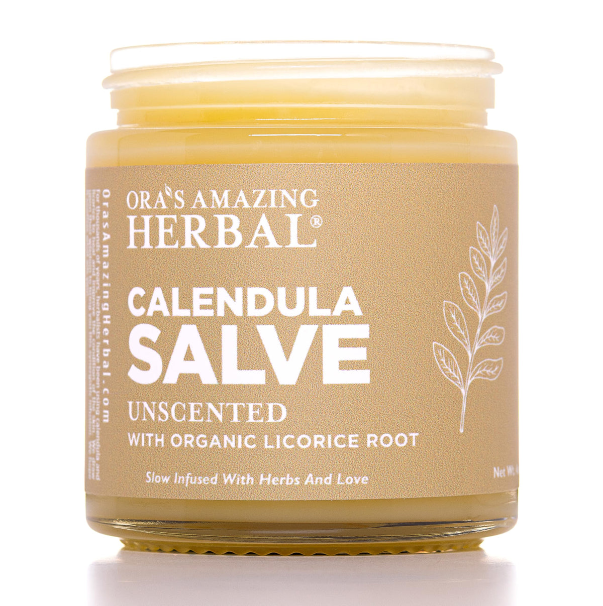 Ora's Amazing Herbal Calendula Salve en frasco de vidrio, cuidado suave.