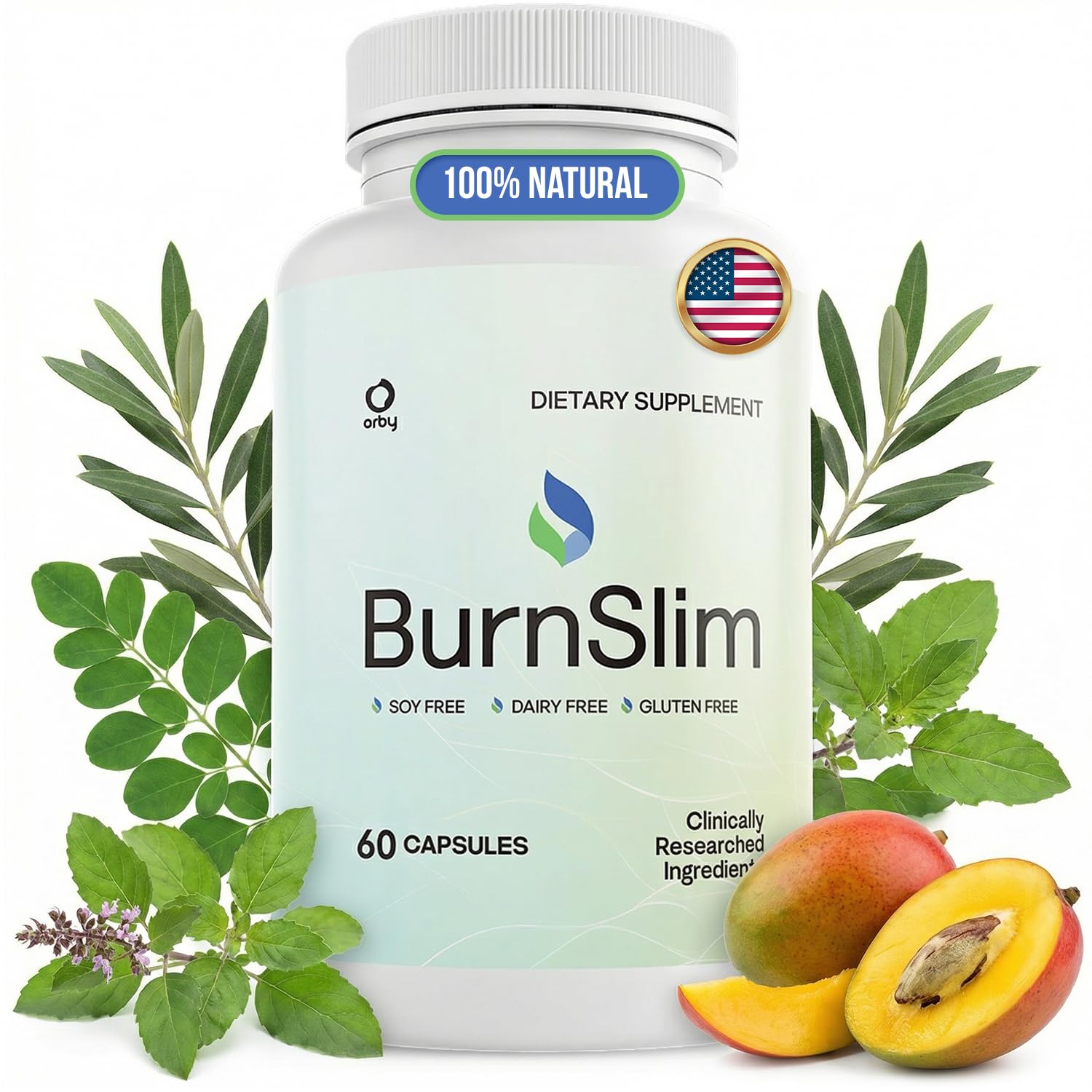 Orby BurnSlim botella frontal: apoyo diario sin estimulantes para un estilo de vida equilibrado.