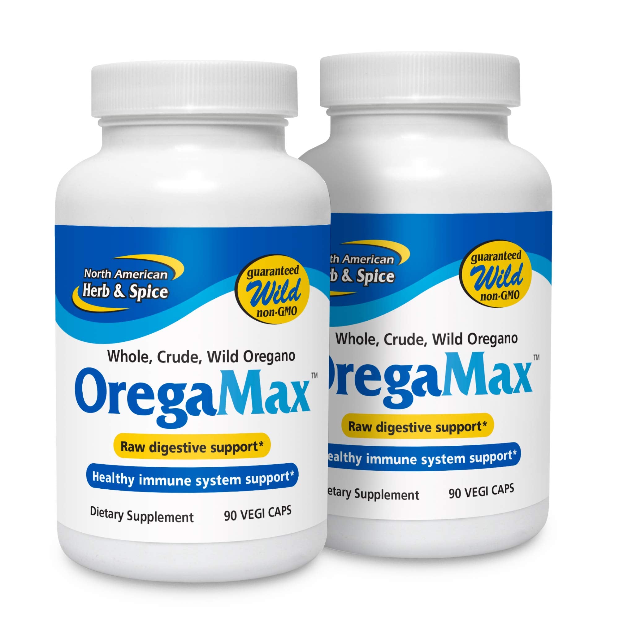 OregaMax: botella de cápsulas de 90 para uso diario, posible apoyo digestivo.