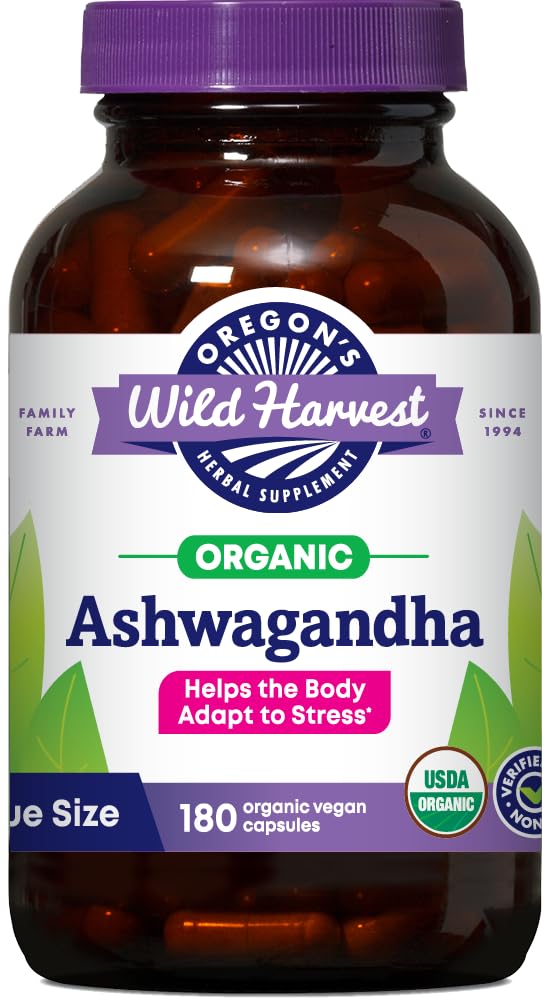 Oregon's Wild Harvest Ashwagandha, caja de suplemento, apoyo al manejo del estrés diario.