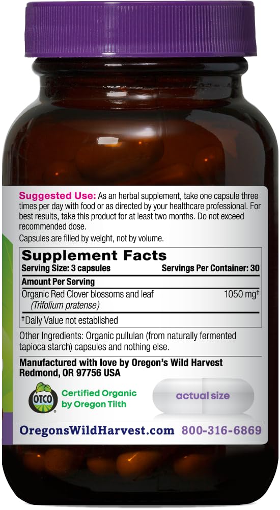 Oregon's Wild Harvest etiqueta de ingredientes, trébol rojo orgánico certificado