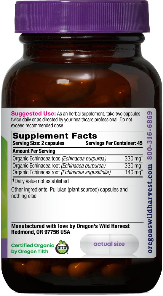 Etiqueta de Oregon's Wild Harvest Echinacea destaca origen orgánico y calidad confiable
