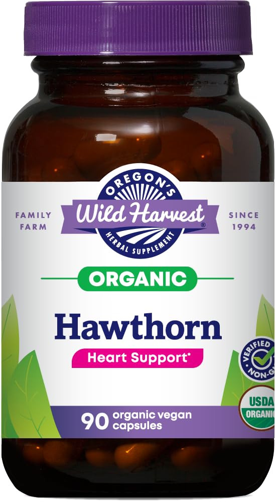 Cápsulas hawthorn de Oregon's Wild Harvest en envase para uso diario.