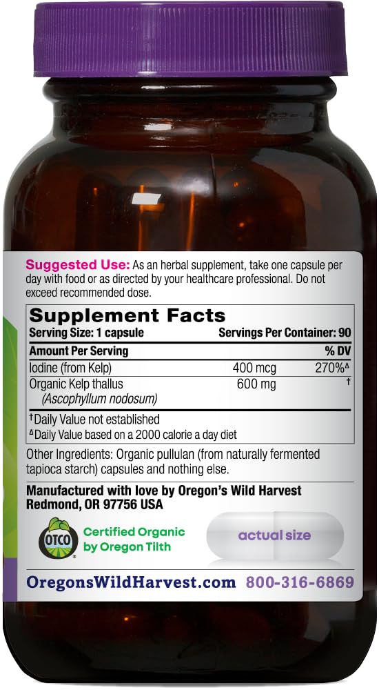 Oregon's Wild Harvest Kelp, cápsulas veganas dentro del frasco para apoyo nutricional diario.