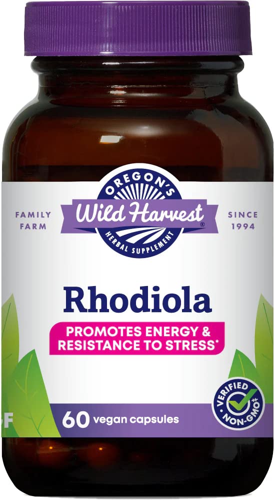 Rhodiola de Oregon's Wild Harvest cápsulas frente, posible impulso de energía diaria.