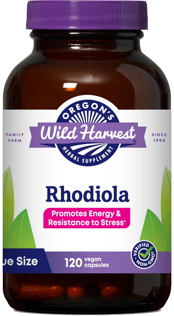 Rhodiola Oregon's Wild Harvest en botella de 120, posible aumento de energía.